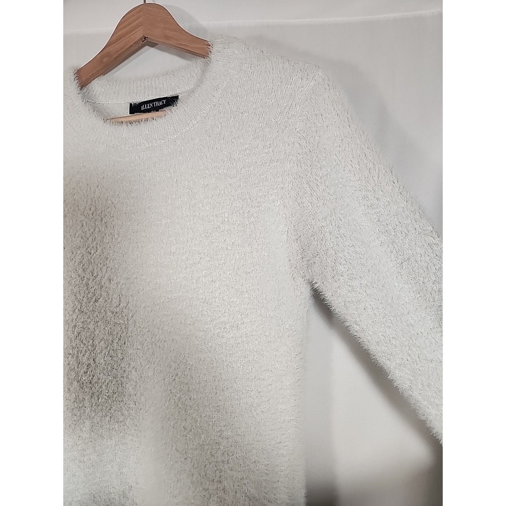Ellen Tracy Fuzzy Eyelash Chenille Sweater Sparkle Metallic White Womens XS - Picture 8 of 15